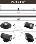 Parts list for All In One Bar Foot Rail Kit For Undercounter Mounts In Matte Black with connectors and end caps, 4ft setup