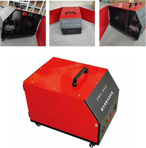 Hardcore 3000W Handheld Laser Welder 4 In 1 Pro Cutting And Cleaning Machine with red casing and dual wire feeder shown from multiple angles.