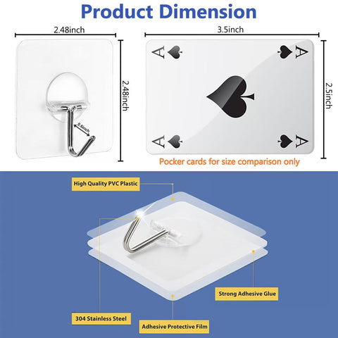 Heavy Duty No Drill Adhesive Wall Hooks 13Lb Load, Transparent Waterproof Hooks For Bathroom And Kitchen, product dimensions with playing card