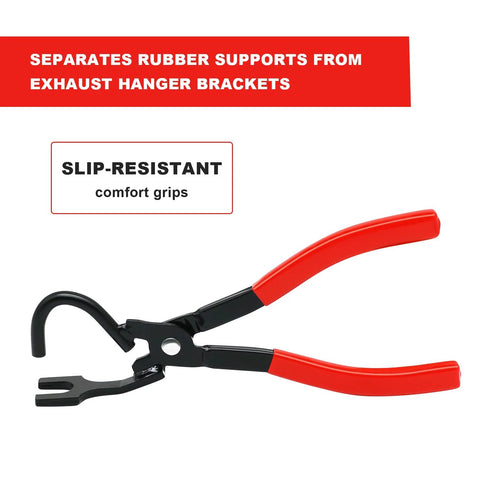 Exhaust hanger removal tool pliers with red grips for removing rubber hangers