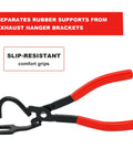 Side view of exhaust hanger removal tool with red handles and black metal jaws for separating exhaust rubber hangers
