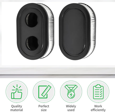 Two black air filter covers and filters for lawn mower engines, showing dual openings and ridged edges, compatible with 093J02 to 675 IS models.