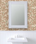 Top Shelf Rustic Botanical Vinyl Wallpaper With Subtle Leather Texture Heavy Duty Wallcovering in bathroom with mirror.