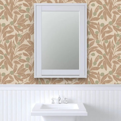 Top Shelf Rustic Botanical Vinyl Wallpaper With Subtle Leather Texture Heavy Duty Wallcovering in bathroom with mirror.