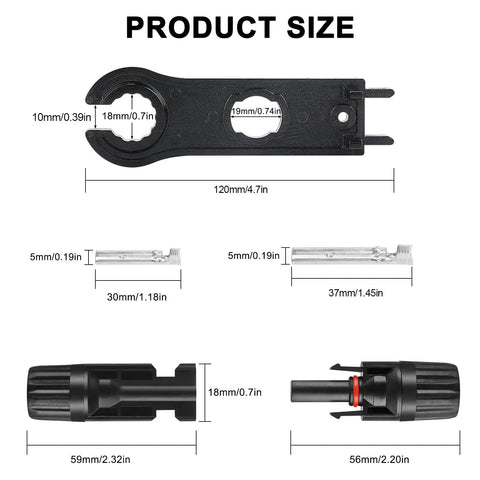 40 Pieces MC4 Solar Panel Connectors Kit With Two Assembly Spanners IP67 Waterproof MC4 Cable Connectors, product size measurements