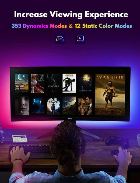 Person gaming with Under Monitor RGB Light Bar For Dope Desk Setup USB Powered LED Ambient Light For PC And Gaming 12 Inch 353 Color Modes.