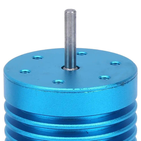 Close-up of High Torque 4 Pole Brushless RC Motor 3000KV 13T for 1/10 Scale RC Cars, blue casing, shaft visible