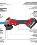 Job Site Ready Cordless Angle Grinder Kit Cuts 4 1/2 And 5 Inch Discs Braking Motor One Key Smart Tech Battery and guards diagram.