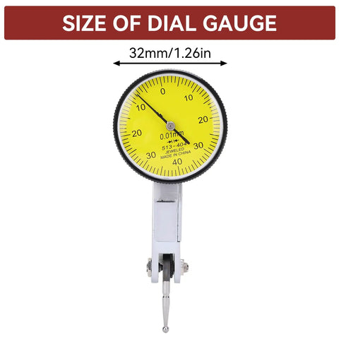 Dial Indicator With Flexible Magnetic Stand For Tight Spaces Pro Grade Dial Test Indicator Set 0 To 0.8mm Range 0.01mm Resolution Surface Variation Gauge For Machine Setup And Precision Measurements, showing 32mm dial gauge size.