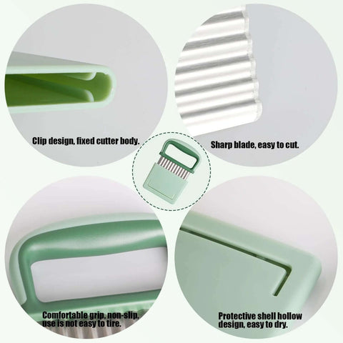 Green stainless steel crinkle cutter with protective case; front and close-up views show blade and ergonomic grip.