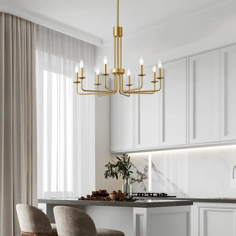 Modern Gold 8 Light Chandelier With Candlestick Lights For Dining Room Farmhouse Style Over Table Entryway Hallway Kitchen Island Living Room Bedroom 28 Inch E12 in kitchen.