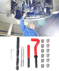 17 Piece M12x1.5 Thread Repair Kit with spiral drill, screw tap, wrench, and inserts for damaged hole repair, under car view.