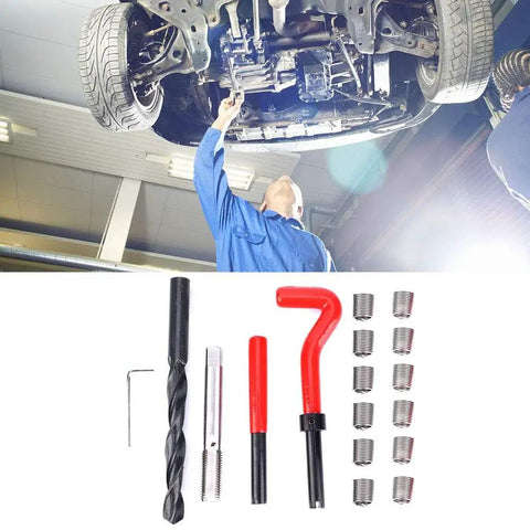 17 Piece M12x1.5 Thread Repair Kit with spiral drill, screw tap, wrench, and inserts for damaged hole repair, under car view.