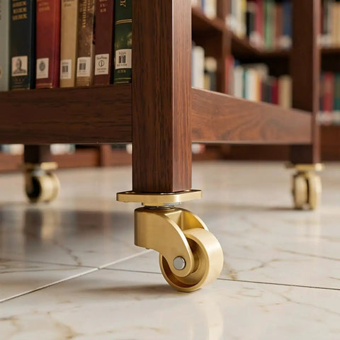 4-Pack Brass Heavy Duty Furniture Casters Gliding Smooth As Silk With 360 Swivel Capability To Move Heavy Loads Across Floors Effortlessly While Protecting Surfaces With Durable Rubber Pads on a wooden bookcase.