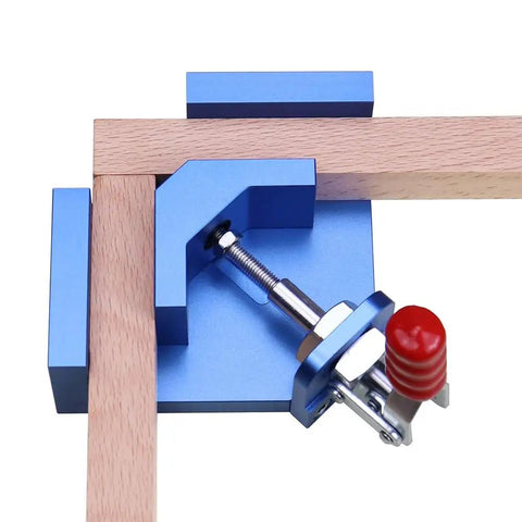 Pro Grade Right Angle Clamp For Woodworking With Precise Positioning Squares And 90 Degree Fixture Aluminum Alloy Shop Ready Anodized Surface Handles Plate Thickness 9 To 30 Mm Great For Precise Corner Joints Toggle Splicing And Assembly, blue clamp on wood corner