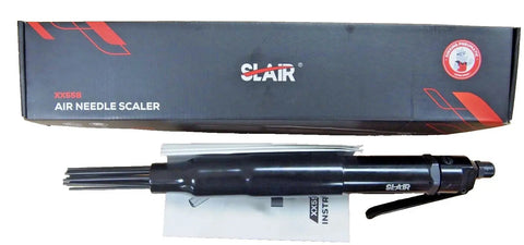 18 Inch Air Pneumatic Needle Scaler For Quick Paint And Rust Removal With 5000 BPM And 19 Needles in black next to box