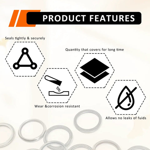 Features of 15 Pack M16 Oil Drain Plug Crush Washers 16mm Copper Alloy Seal Kit For Subaru with icons for sealing, resistance, no leaks