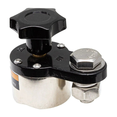 Heavy Duty 300 Amp Magnetic Welding Ground Clamp With On Off Switch for weld tool kit, shown in black and silver metal close-up.