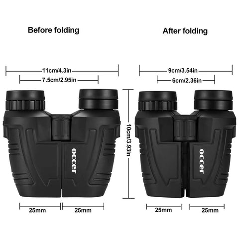 12x25 Compact Binoculars For Adults And Kids With Large Eyepieces, Waterproof All Weather, size comparison before and after folding