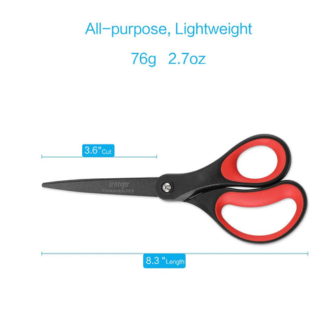 Two Pack 8 Inch Titanium Nonstick Scissors With Comfort Grip For Office And Craft, Red And Black, showing blade and handle measurements