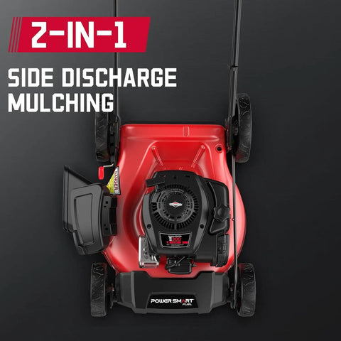 21 Inch Push Lawn Mower With Briggs And Stratton 125cc Engine, 2 In 1 Mulching And Side Discharge, Easy Assembly And Lightweight Gas Powered Mower For Garden Yard top view with side discharge