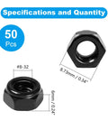 50 Pack Nylon Insert Hex Lock Nuts 8-32 Inch Thread 304 Stainless Steel Self Locking Nuts With Black Zinc Plating dimensions