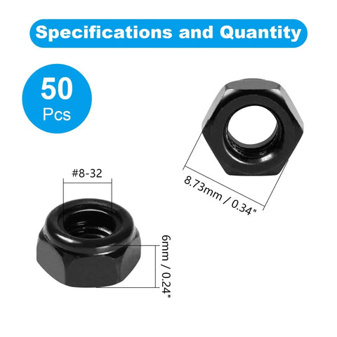 50 Pack Nylon Insert Hex Lock Nuts 8-32 Inch Thread 304 Stainless Steel Self Locking Nuts With Black Zinc Plating dimensions
