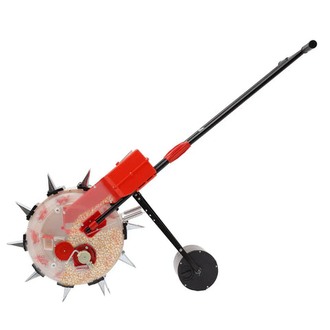 Garden Push Seeder With 10 Nozzles, metal precision hand push seeder, side view showing clear seed storage box and metal handle.
