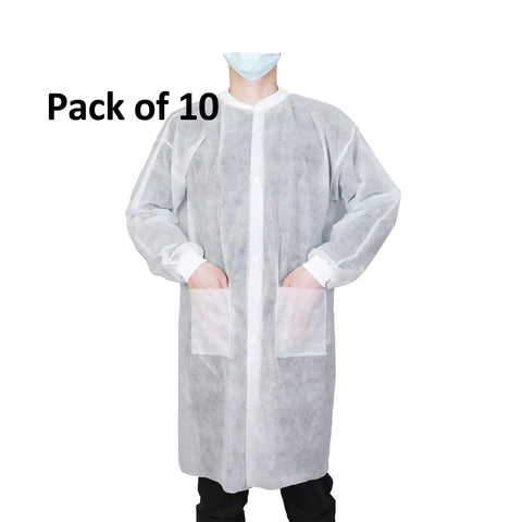 Pack Of 10 Disposable Lab Coats For Adults Large With Two Pockets And Knitted Collar And Cuffs, Front Snap Closure, PPE