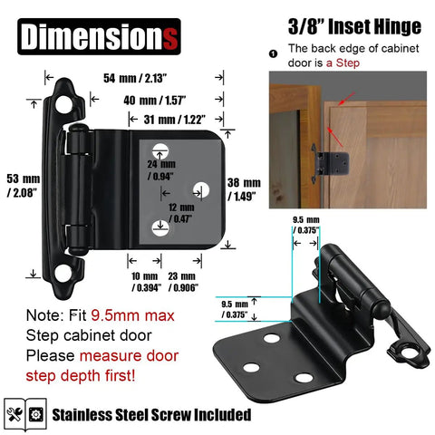 Inset Cabinet Door Hinges Three Eighths Inch Matte Black 20 Pack Flush Face Mount For Cupboard And Kitchen Cabinets 10 Pairs Max Fit Nine Millimeter Step Door Heavy Duty Stainless Screws Included dimensions shown