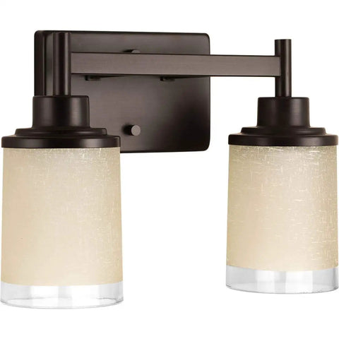 Two Light Bath Vanity Light In Antique Bronze With Etched Umber Linen Glass And Clear Edge Glass Dimmable Energy Efficient LED Compatible