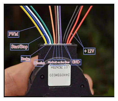 Close-up of the 24H Runtime Brushless Servo Motor DC 12V With Built In Drive PWM Speed Regulation 100 Line Encoder connections