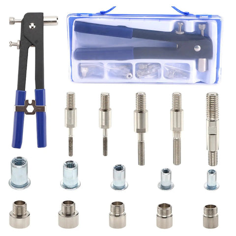 Heavy Duty Rivet Nut Tool Kit Includes Wrench Handle And Assorted Blind Nut Rivets For Car Repair Boat Building Furniture Assembly Plus Trailer Fixing Projects With Easy To Use Threaded Insert Fasteners That Make Your Work Way More Efficient. kit with handle, case, and assorted rivet nuts