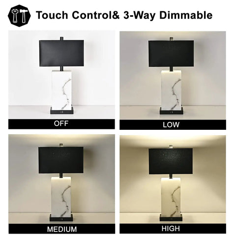 Dope Black 24 Inch Touch Table Lamps Set Of 2 With USB Ports showing 3-way dimmable settings and faux silk shade, end table lamps.