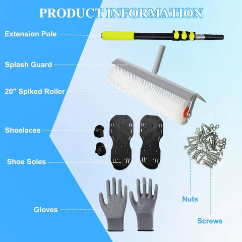 20 Inch Spiked Roller Kit With Adjustable Handle, Cover, Spiked Shoes, And Gloves For Epoxy Resin, Cement, And Concrete Floor Coatings, Bubble Removal And Self Leveling Tool For Flawless Finishes laid out with components and labels
