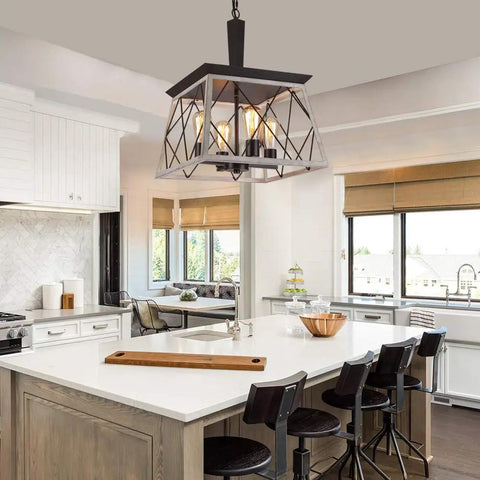 Farmhouse Vintage Chandelier Pendant Light for dining room and kitchen island in modern white kitchen setting.
