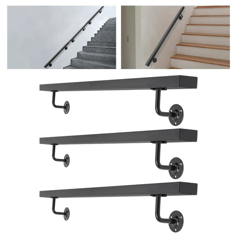 Wall Mounted Stair Handrail Crafted From Premium Stainless Steel Featuring A Sleek Black Square Profile Built Like A Tank For Indoor Spaces Loaded With Rock Solid Grip And Holds Down Weighty Loads Up To Two Hundred Pounds Safely, showcasing three different angles and placements.