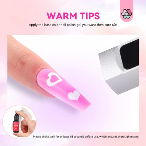 Airbrush Gel Nail Polish Set With 12 Vitality Colors Hema Free Dilution Free Non Acetone Formula Fine Mist For Easy Spray French And Ombre Nail Art Odorless Safe Nail Kit For Salon Or At Home showing pink nail art with hearts and airbrush tool.
