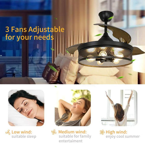 Black 42 Inch Ceiling Fan With Lights Remote Control Vintage Cage Dope Yet Silent Retractable Blades For Kitchen Dining