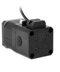 Front view of black NEMA17 stepper motor with four-screw end plate, brake assembly and cable
