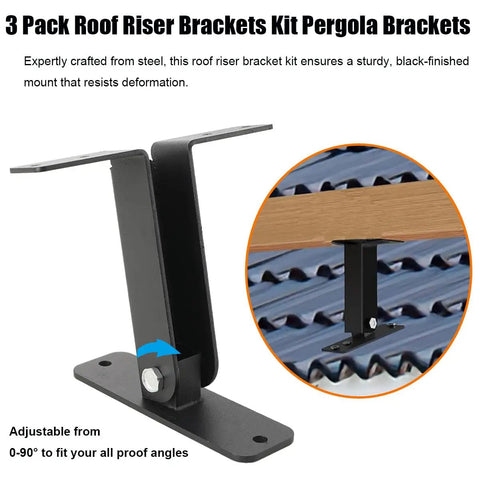Three Pack Heavy Duty Roof Riser Brackets Kit For Pergolas And Patios, Adjustable From 0 To 90 Degree, Black Metal Riser Beams For Gazebos, Weatherproof, Anti Rust, Anti Corrosion, Easy Install, Built To Last Outdoor Support