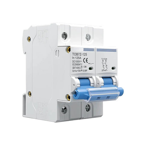Top Tier Heavy Duty 2 Pole 1000V DC MCB Main Circuit Breaker For Solar And RV Systems 125A with clear toggle switch detail.
