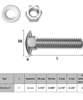 Heavy Duty 5/16-18 Carriage Bolts Kit 1 Inch Stainless Steel 304 18-8 shown with nut and washer, size chart included.