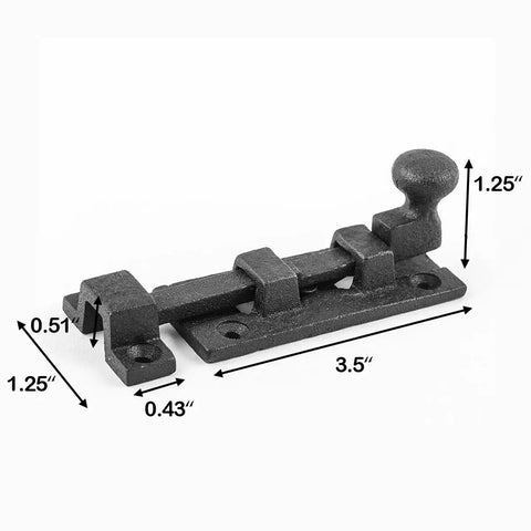 Solid As A Rock Heavy Duty Wrought Iron Slide Bolt Latch With Classic Ball Tip Handle Black Rust Resistant Finish, 3.5 inches long.
