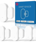 Four Pack Zigbee Door Sensor Mini Smart Contact Alarm For Home Automation And Kid Safety Works With Alexa Smartthings Home Assistant Plug And Play, includes white mini sensors with packaging.