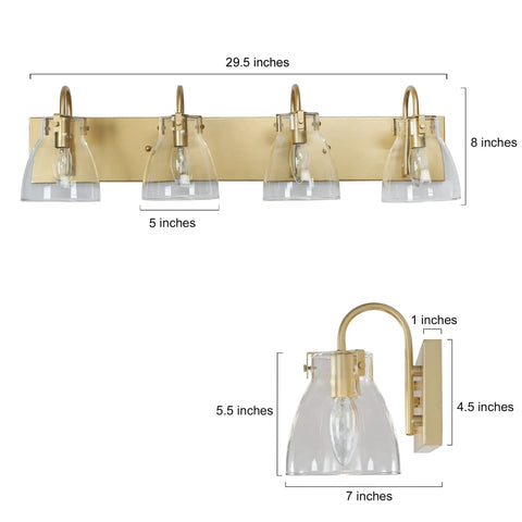 Gold Vanity Light Fixture With Clear Glass Shades, Four Light Over Mirror Bathroom Lighting, Large Modern 29.5 Inch Bar