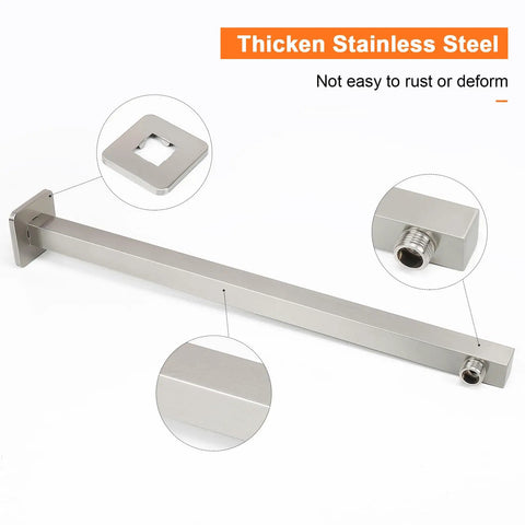 Heavy Duty 20 Inch Shower Arm Extension For Rain Shower Head With Flange And Teflon Tape Thick Stainless Steel Brushed Nickel Finish Anti Rust Durable Bathroom Upgrade showing stainless steel construction and flange details.