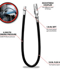 18 Inch Flex Grease Gun Hose Extension With Coupler For Hand And Air Powered Guns, 4500 PSI Working Pressure, 10000 PSI Burst, One Eighth NPT Ends, Universal Fit, Durable Flexible Hose For Easy Lube Jobs, shown with coupler and labeled specs