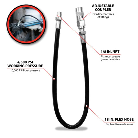 18 Inch Flex Grease Gun Hose Extension With Coupler For Hand And Air Powered Guns, 4500 PSI Working Pressure, 10000 PSI Burst, One Eighth NPT Ends, Universal Fit, Durable Flexible Hose For Easy Lube Jobs, shown with coupler and labeled specs