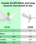 Comparison image of 17 Inch USB Ceiling Fan for Camping And Outdoor Use Portable Tent Gazebo RV Cruise with five blades and button.